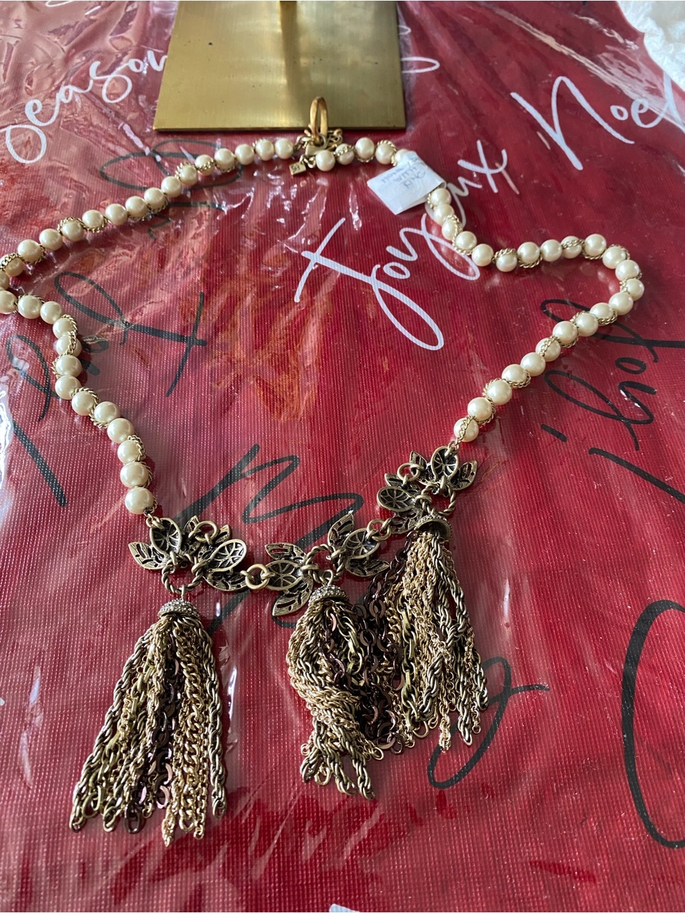Pearl Bead Necklace with Gold Leaf Accents and Triple Tassels